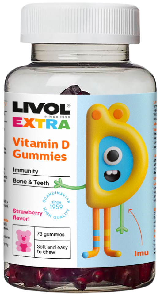 LIVOL EXTRA Vitamino D3 guminukai, braškių sk., 75 gum.